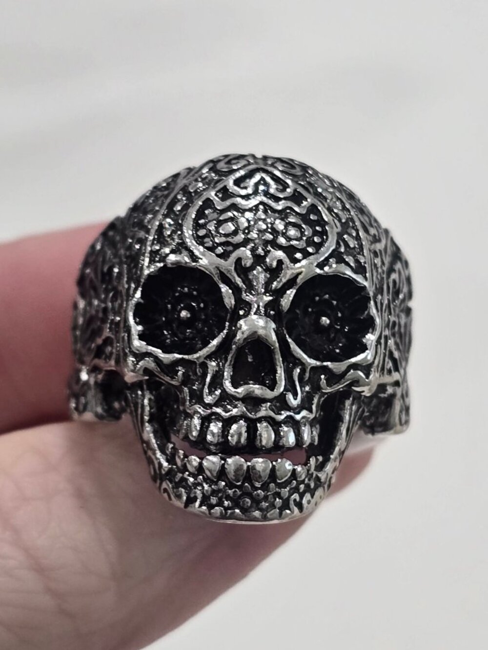 Artisan Mens Ornate Sugar Skull Ring Stainless Steel Floral Engraved Gothic 13